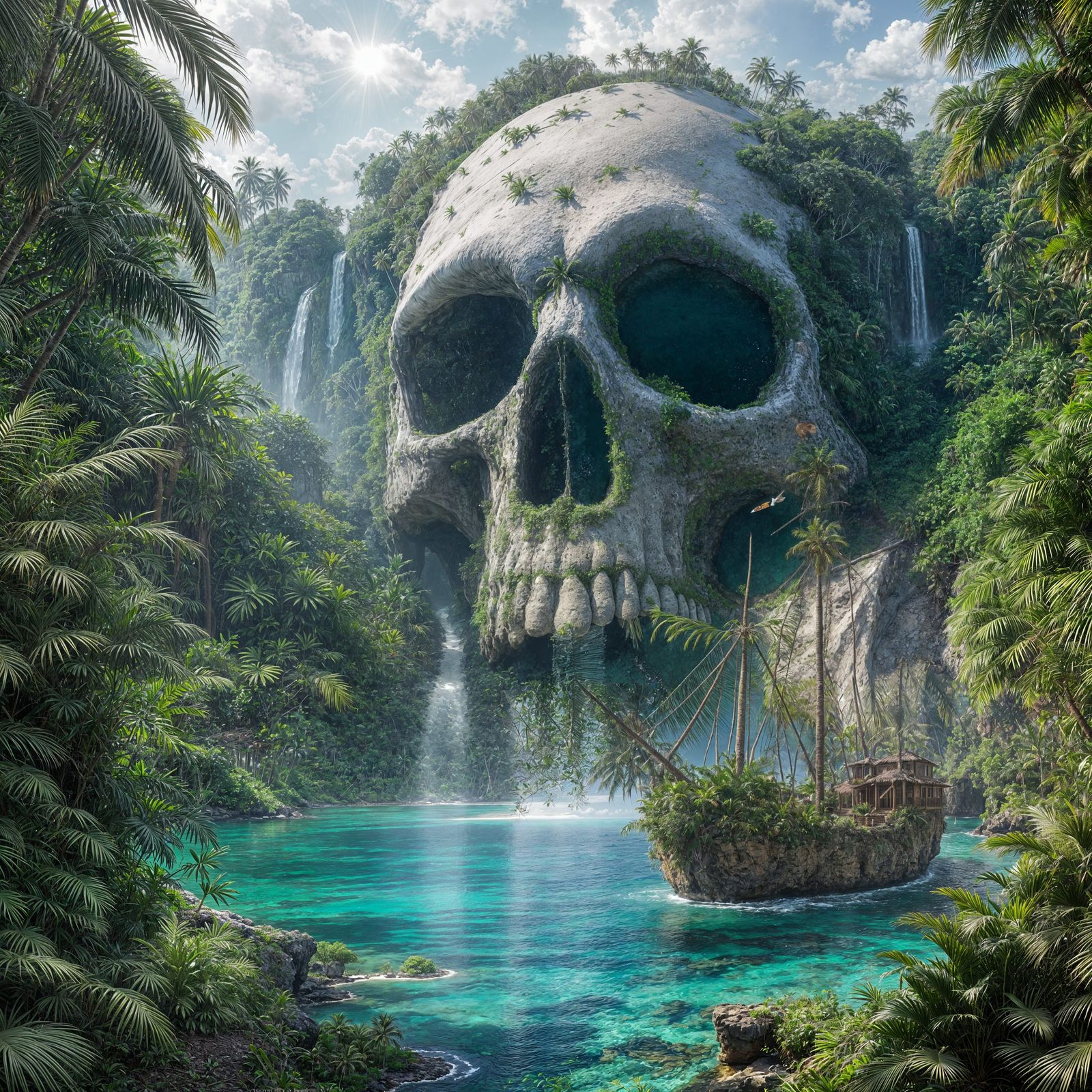 A highly detailed, photorealistic 4K image (16:9) of a mysterious, deserted island surrounded by the ...  by @undefined