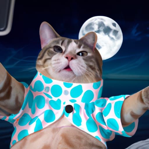 cat taking a selfie on the moon with a beach shirt on