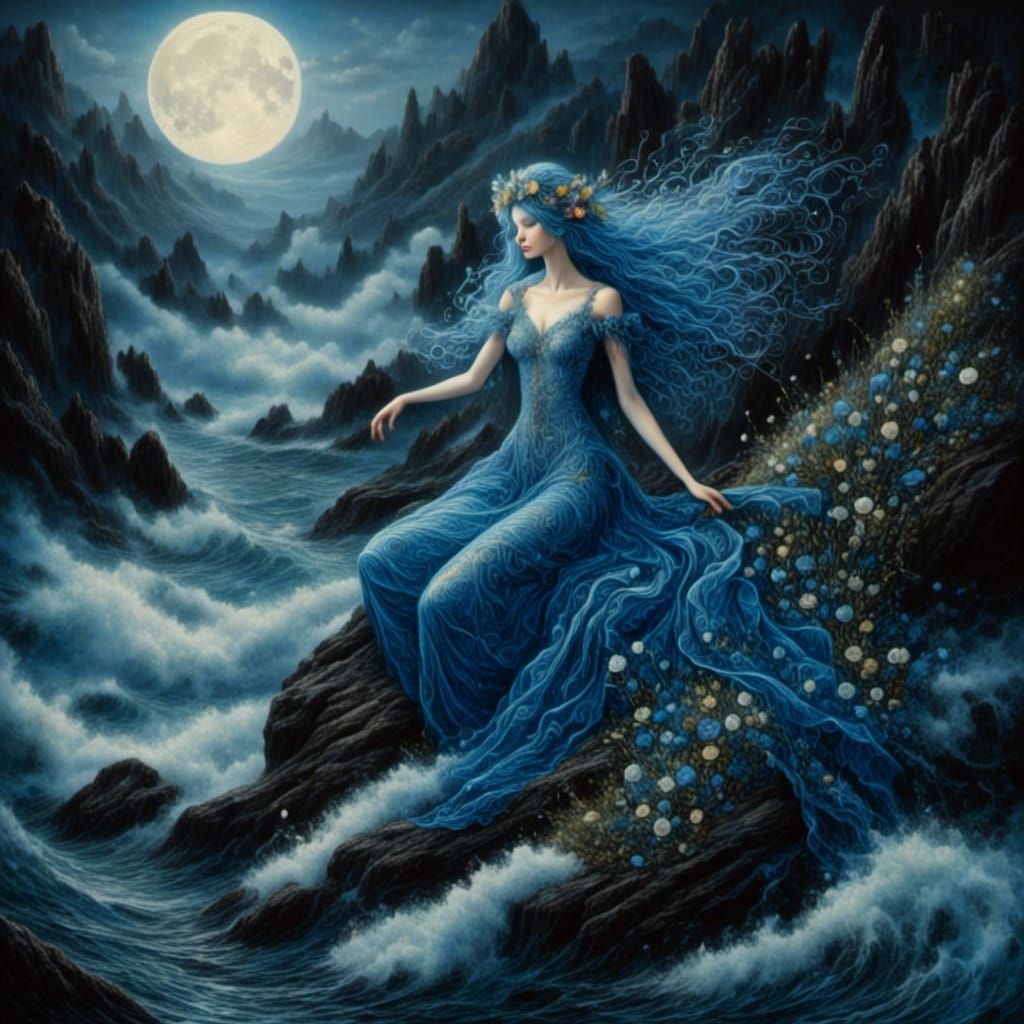 Moonlit Fairy with Blue Skin and Flowing Hair