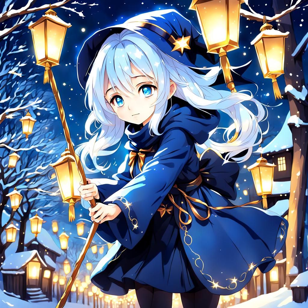 Cute Blue Witch Girl with Golden Lanterns
