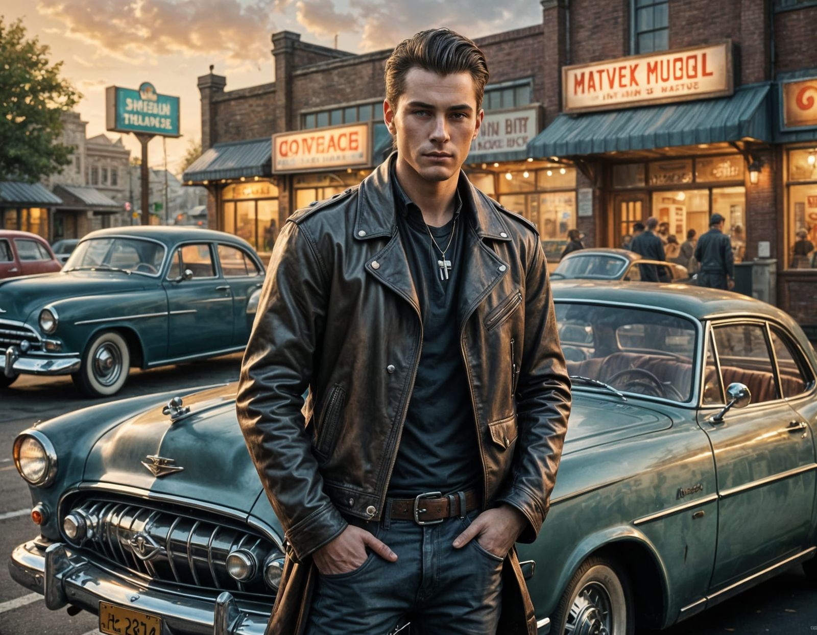 1950's young man with slicked-back hair and a leather jacket stands proudly next to his classic car at ...  by @Harmanna