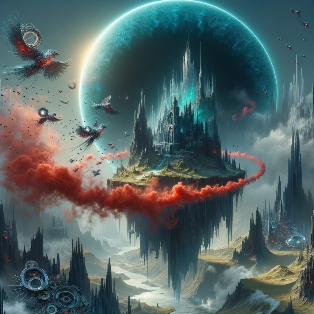 A floating castle glows under cyan eclipse.
Red smoke drifts through mountains of black glass.
Clockwork birds scatter gears across obsidian...