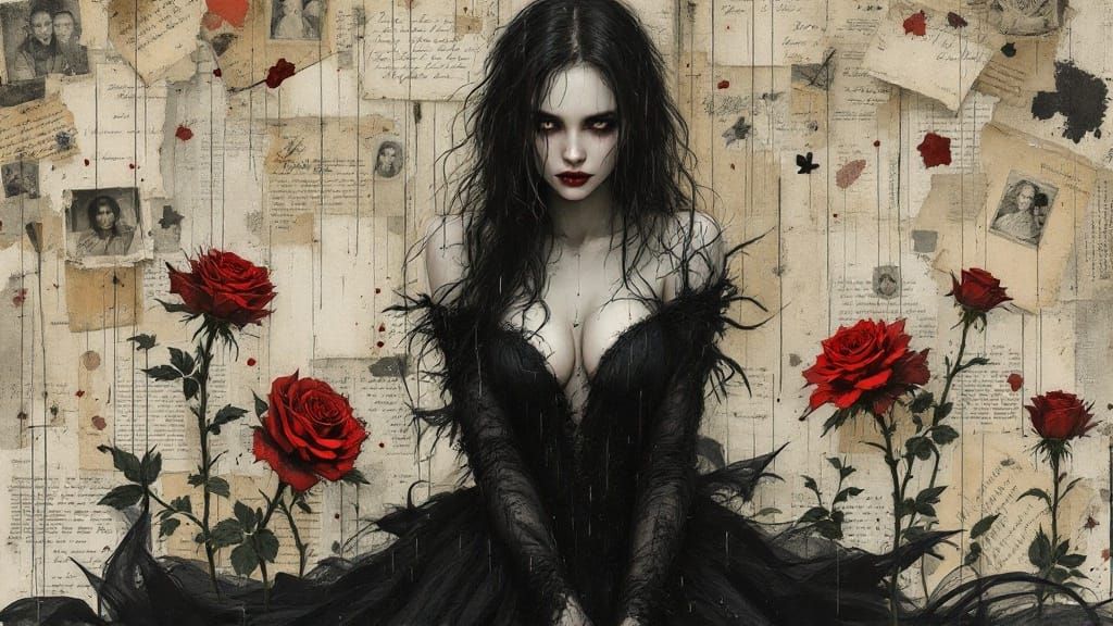 "Vampiress." Collage. Beautiful charcoal and ink Portrait. Mixed media. Newspaper clippings, photos, ...  by @Eclectic shambles