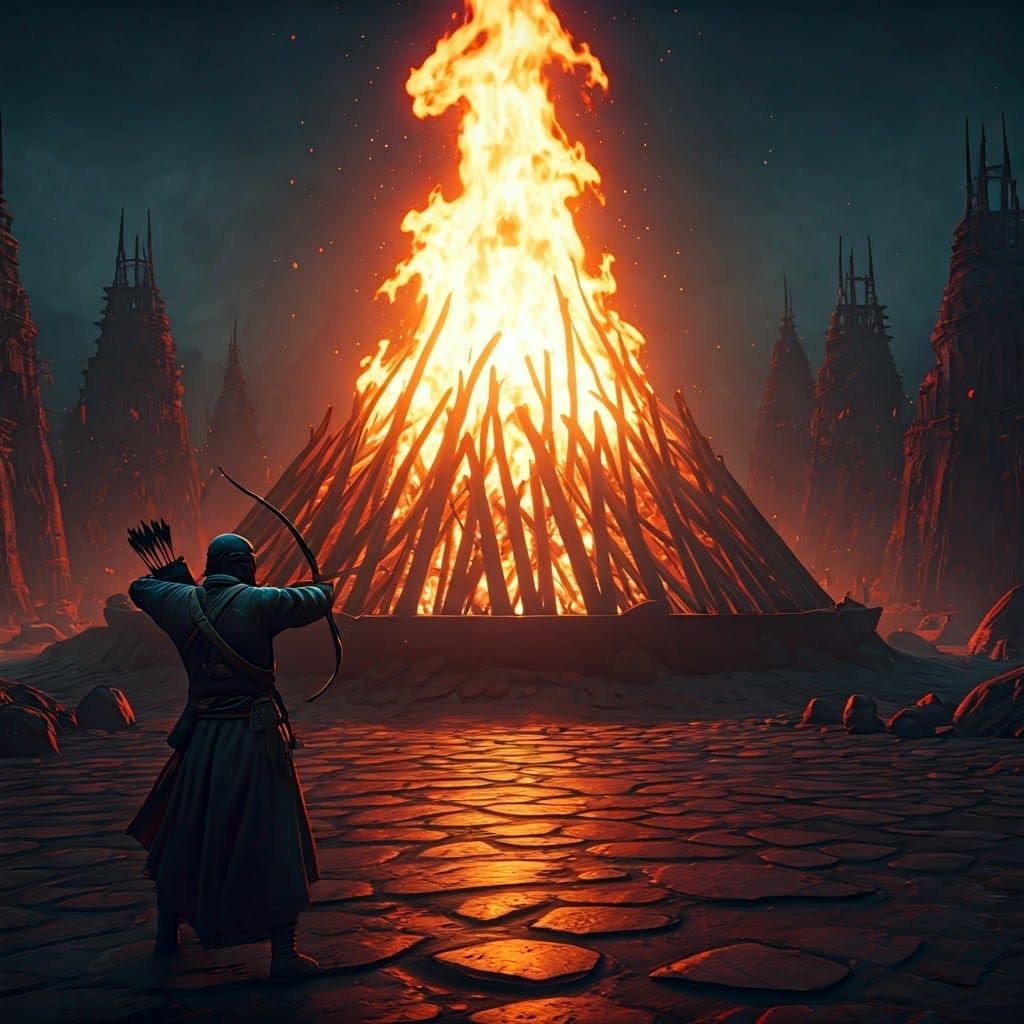 Surreal Archer Aims at Majestic Bonfire in Deeply Detailed F...