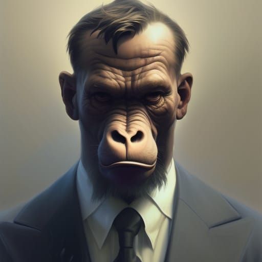 Ape in suit, 16D lighting, surreal fantasy art,16D detailed face head ...