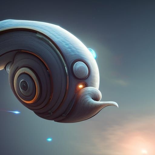A spaceship shaped as a snail in the sky with a eyeball in t...