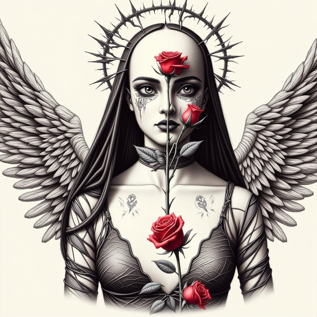 <lora:Red Roses:1.0> A Red Rose stand out  as emotions in against graphite grayscale  of forced  identity, she dances in freedom