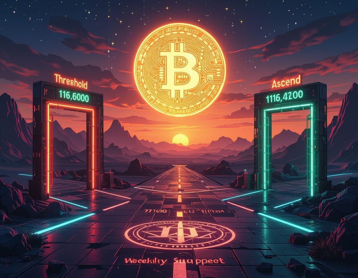 Visualize a surreal cyberpunk crossroads where a luminous Bitcoin hovers at $115,000 above a neon grid, signaling a market pivot between sha...