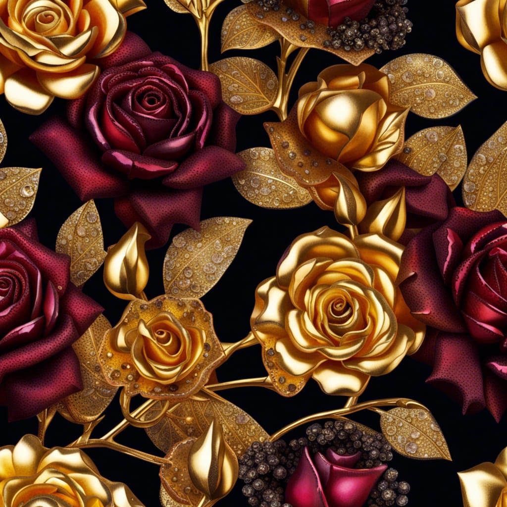 Golden Crystal Roses: Intricate Maximalist Floral Art