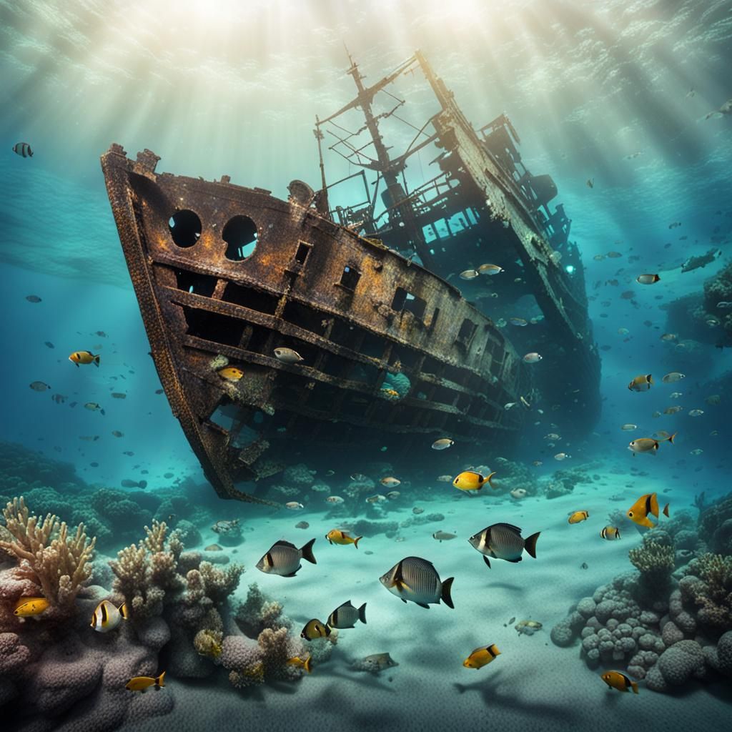 Shipwreck Underwater with fish swimming around