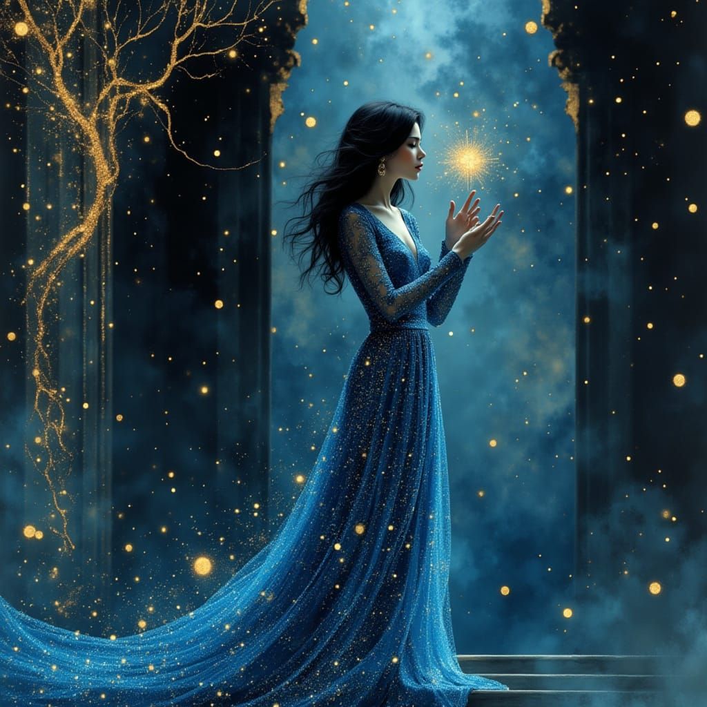 Radiant Woman in Jewel-Toned Ballgown in Fantasy Palace