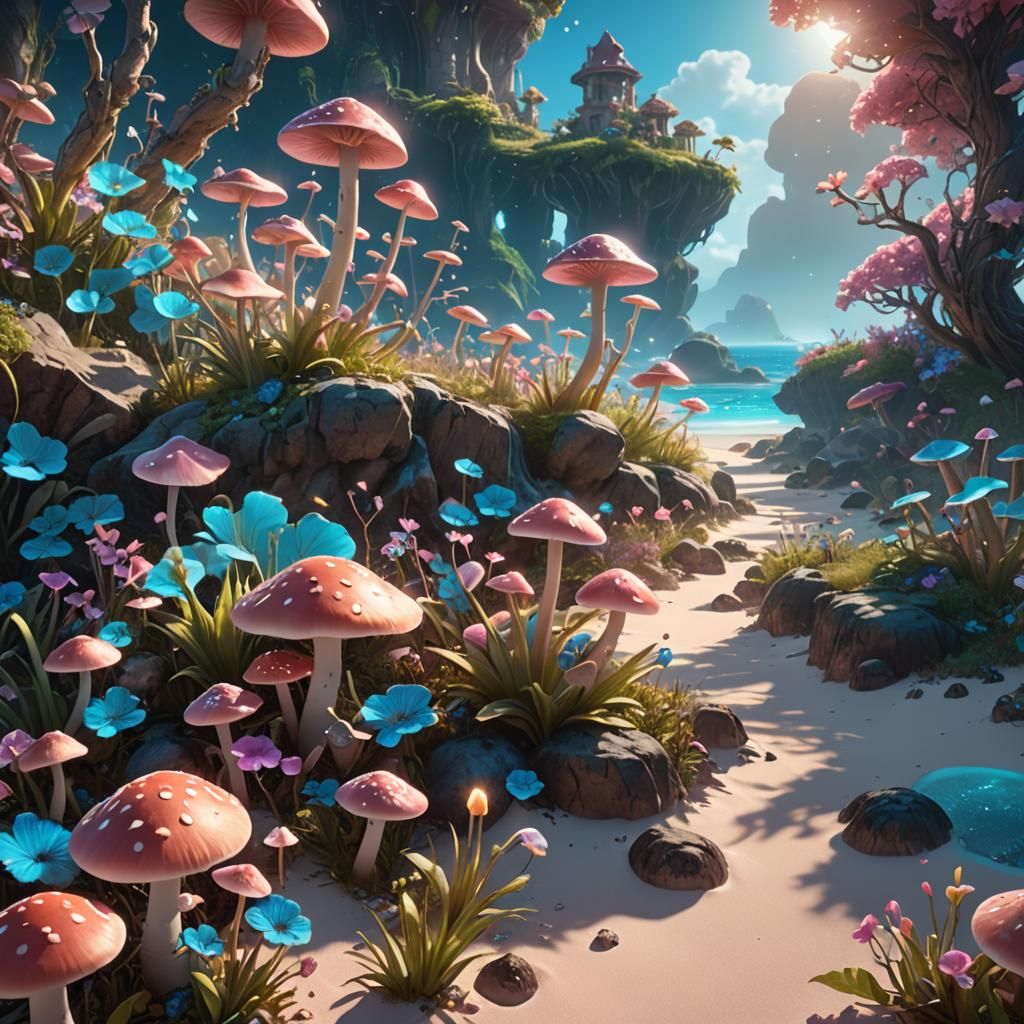 Ethereal island with glowing plants and mushrooms, surrounded by an ocean of pretty blue water that has a slight glow to it. Glowing flowers...