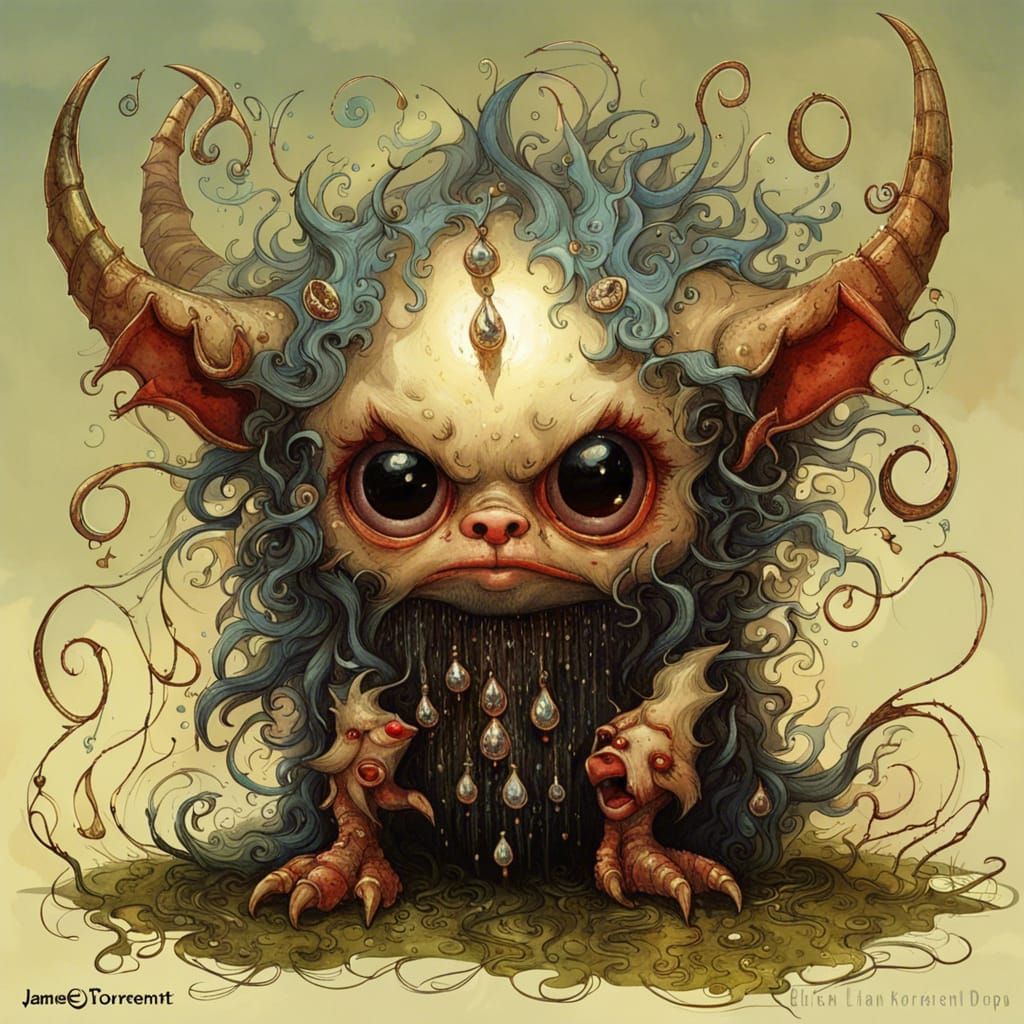 Cute mythological demon monster, horns, Fangs and fluff, spikey, Giant ...