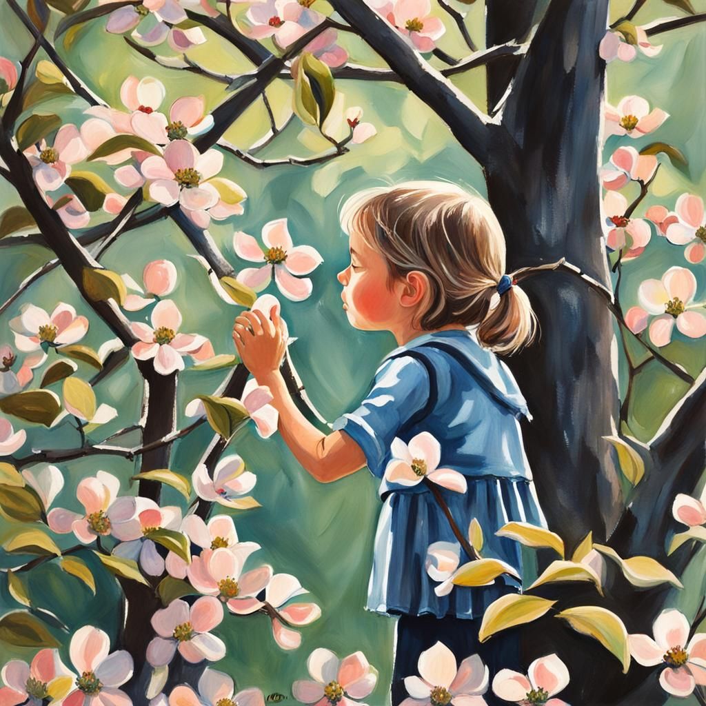 Little girl up a dogwood tree sniffing the flowers in the ev...