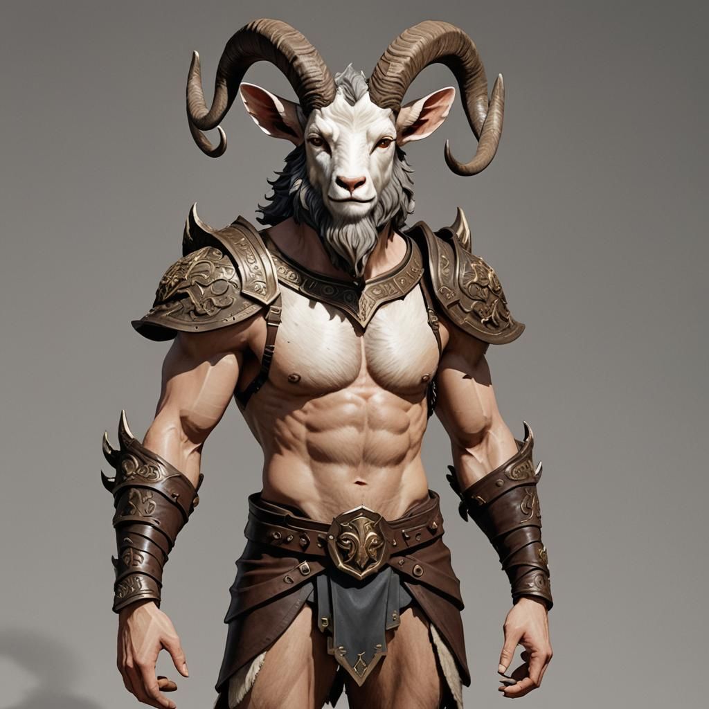 Create an image of Dennyson Caskmore, a male satyr who is a party animal turned paladin.  He is not human. He is half man half goat. He has...