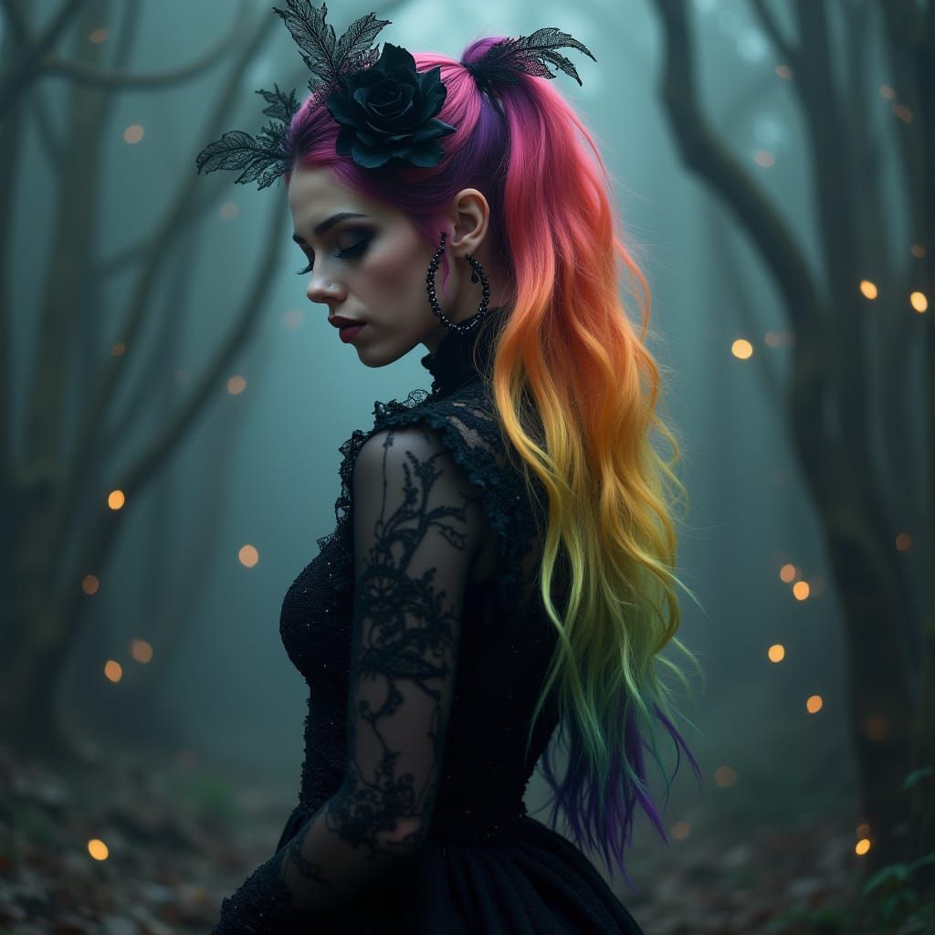 Gothic Woman in Rainbow Hair, Dark Lace, and Velvet, in a Fu...