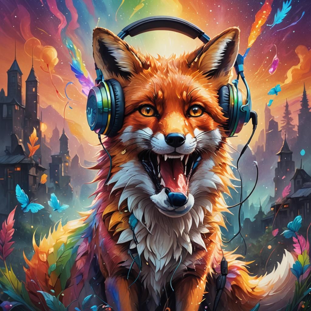 Fox Singing with Rainbow Headphones in Oil Painting Style