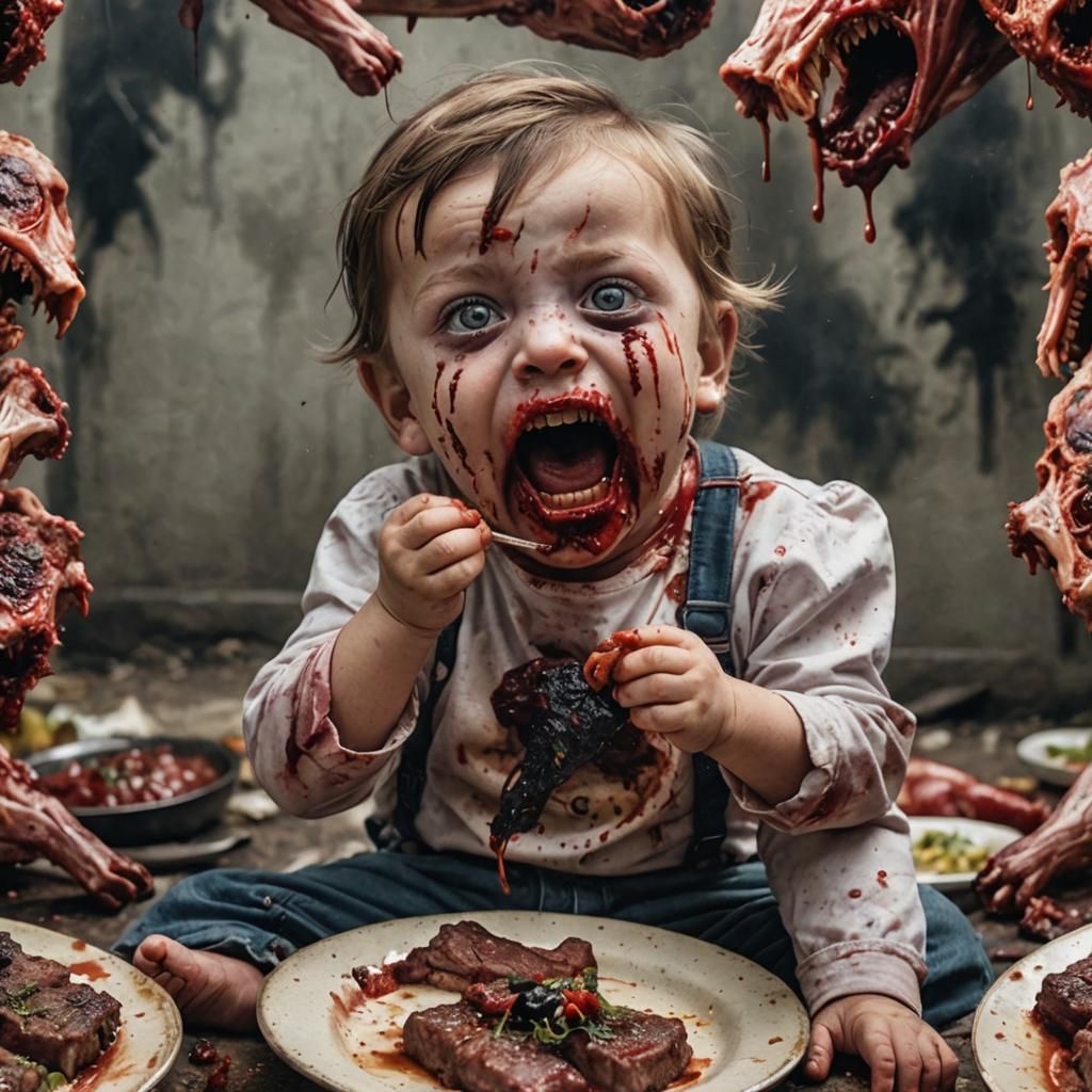 Small child with black eyes very scary eating bloody meat st...