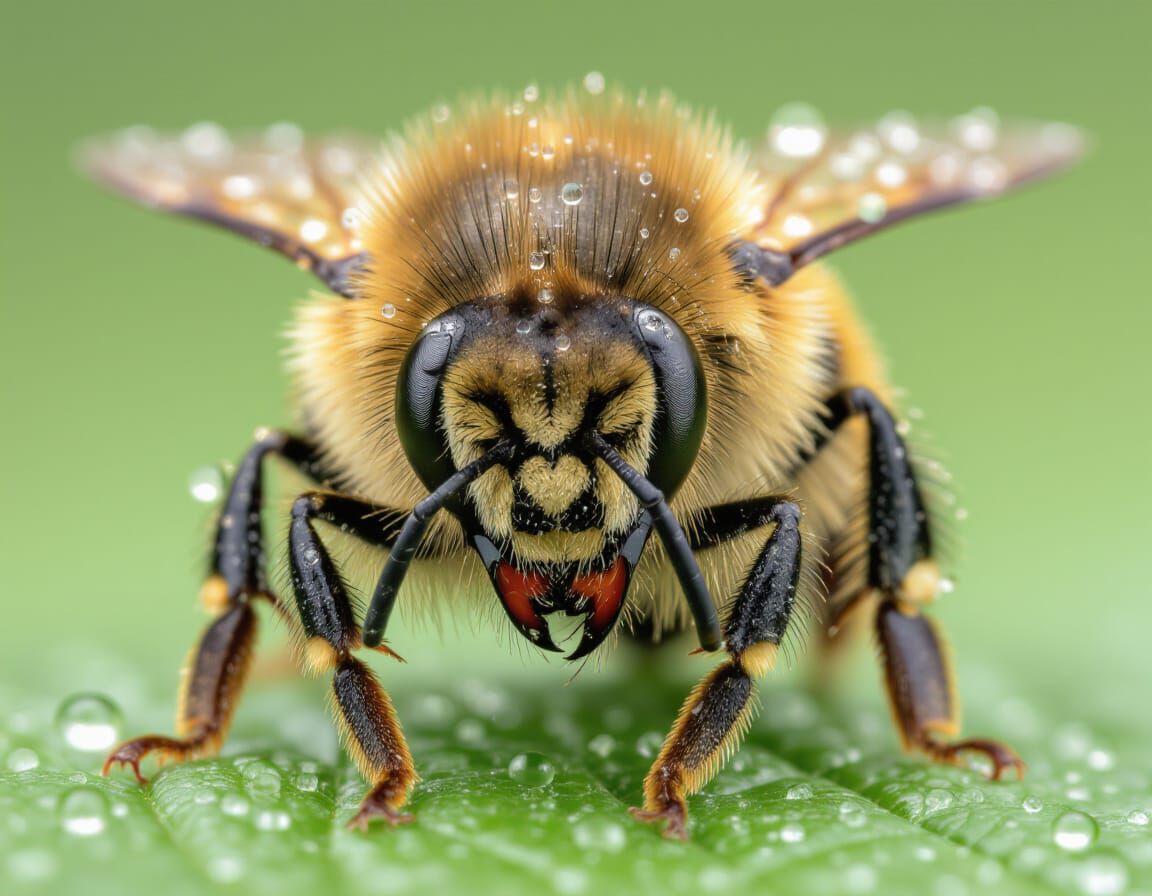 Macro close up of a front facing bee covered in dew drops, close up to the bees head, bokeh,   by @AutumnBear