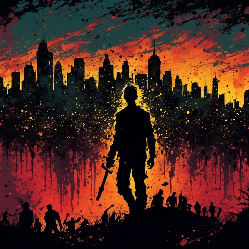 a Zombie Silhouette back lit city sunset, inspired by Colored-Ink Blotch style art. extreme close-up. <lora:Blotched Ink:1.0> 