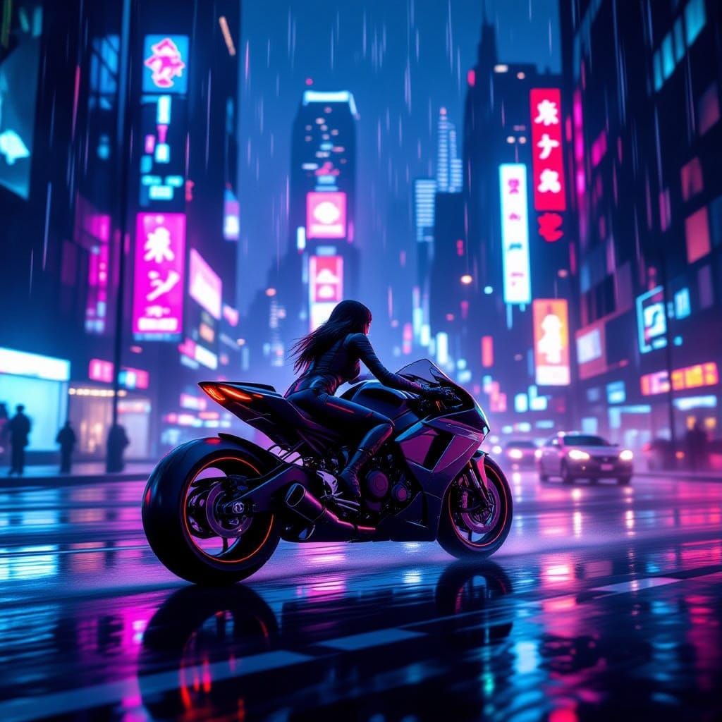 Cyberpunk Motorcycle Speeds Through Neon City at Night