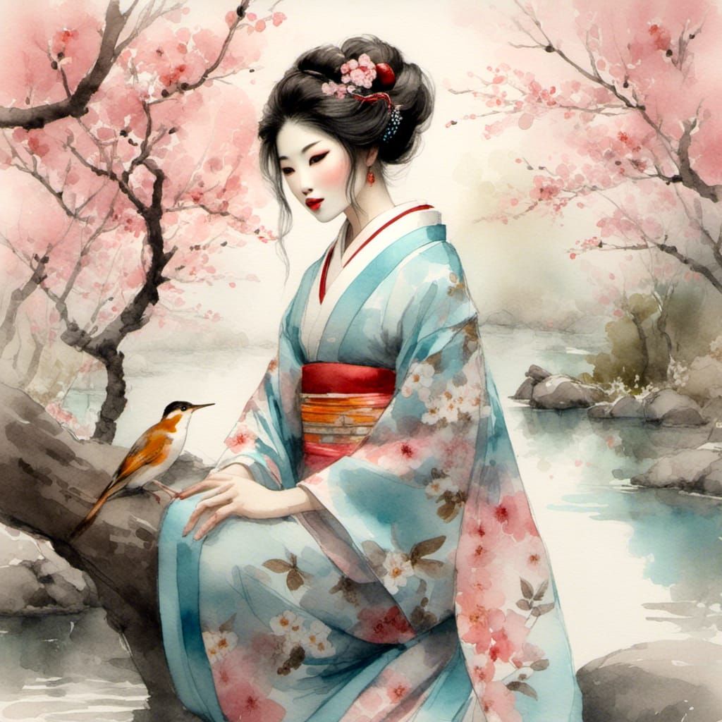 <lora:Aura:1.0>A serene Japanese sakura garden with delicate pink cherry blossoms, lush greenery, and a tranquil koi lake, where a stunning...
