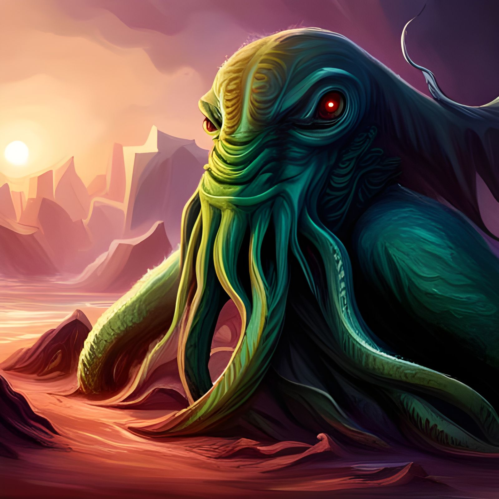 Unleash the madness of the Elder God Cthulhu 🐙 Hyperrealistic, splash art, concept art, mid shot, intricately ...  by @NewAgerJul