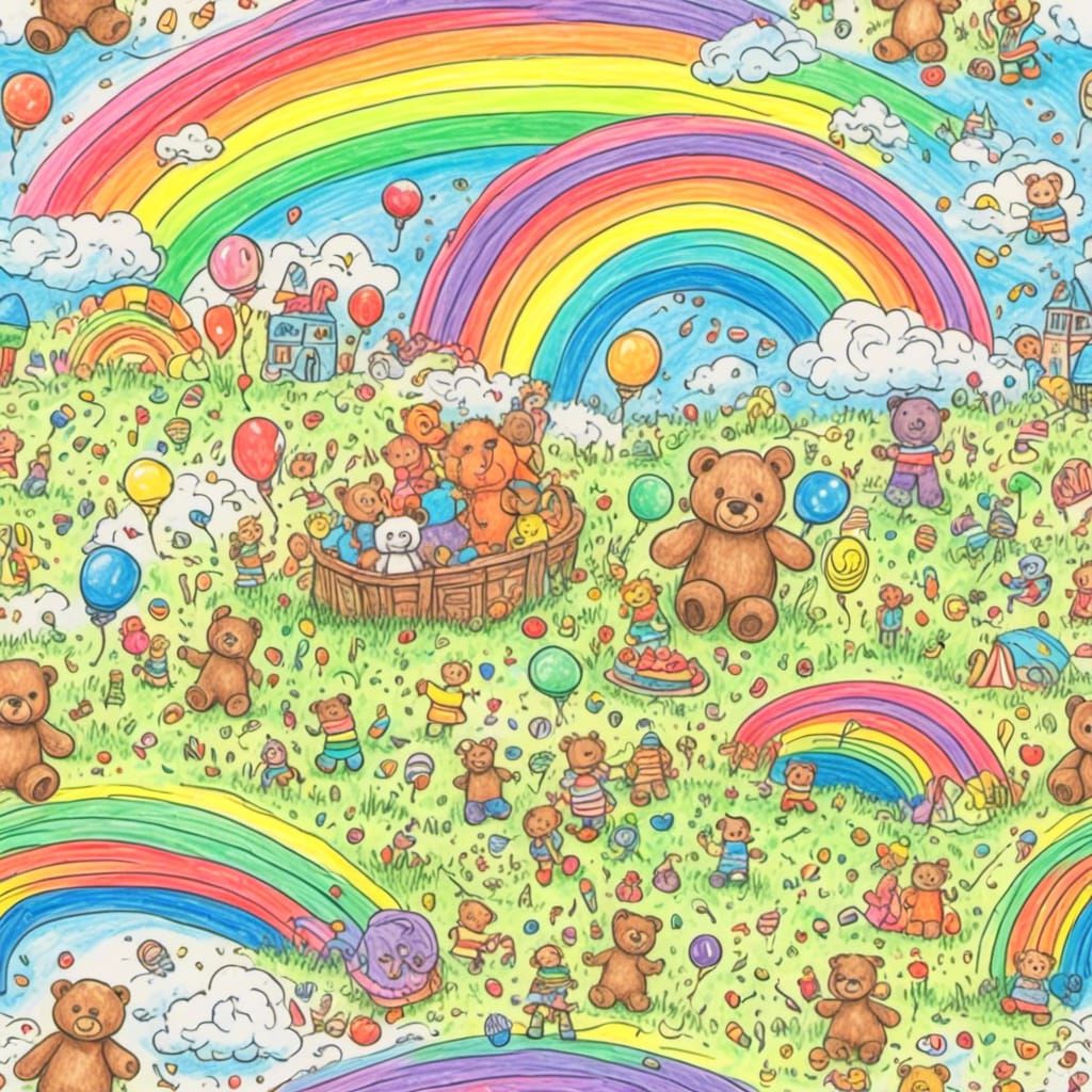 A dreamscape with ice cream and teddy bears and rainbows <lora:Childhood Crayon:1.0> 