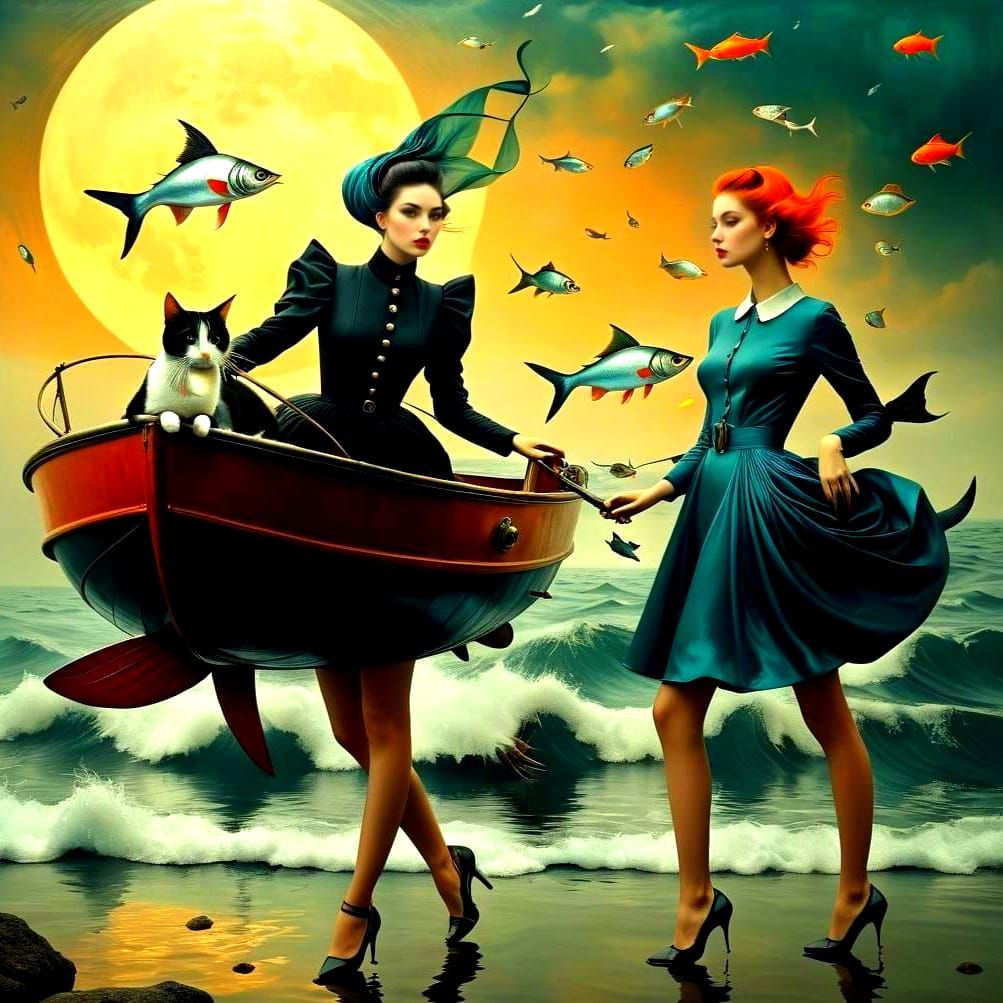 Surreal Women with Cats and Flying Fish in Vibrant, Deeply C...