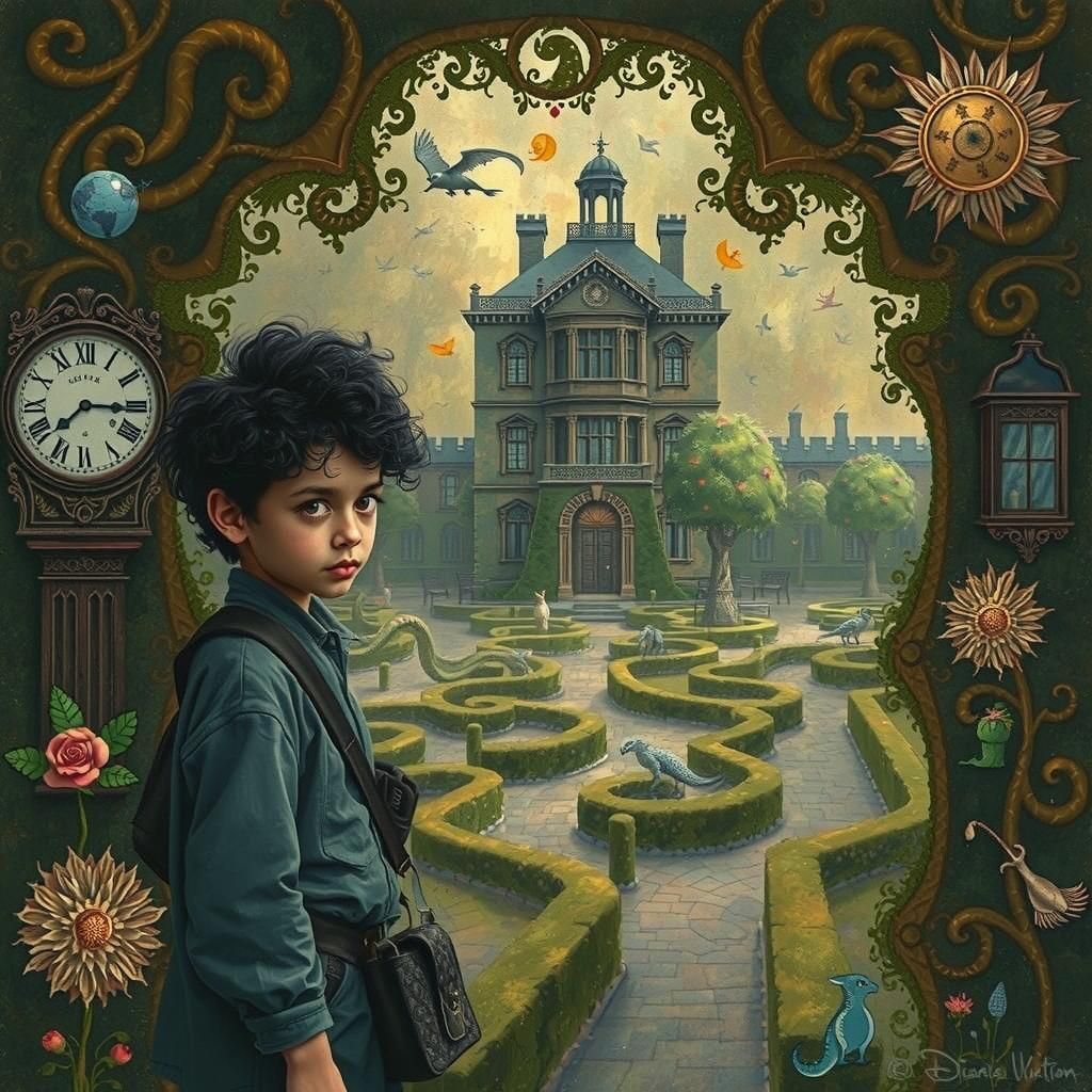 a young boy with wild  curly  black hair on a journey traveling through a dreamscape surreal uncanny wild garden  maze with dragons melting...
