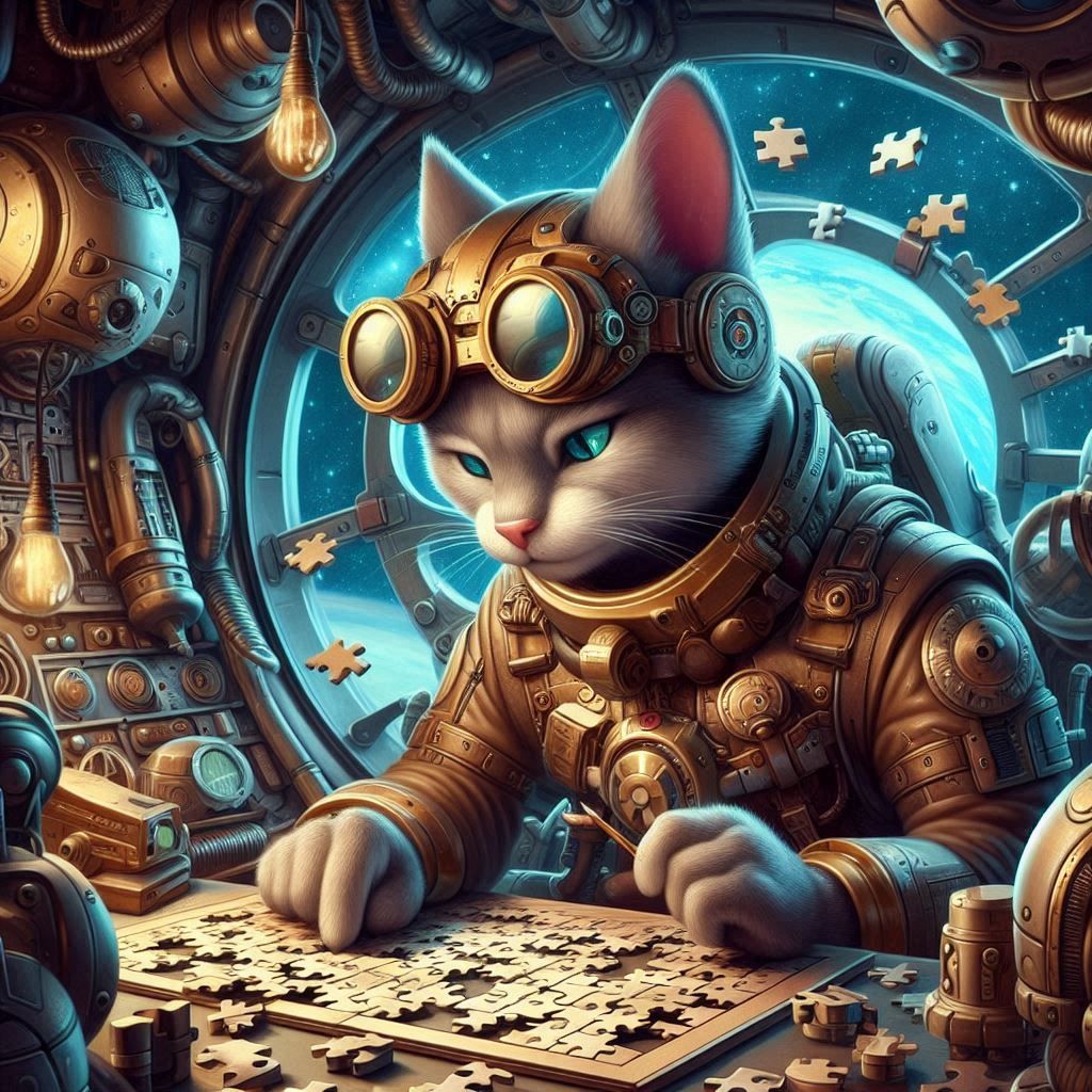 A cat assembles parts in a spaceship in a futuristic style
