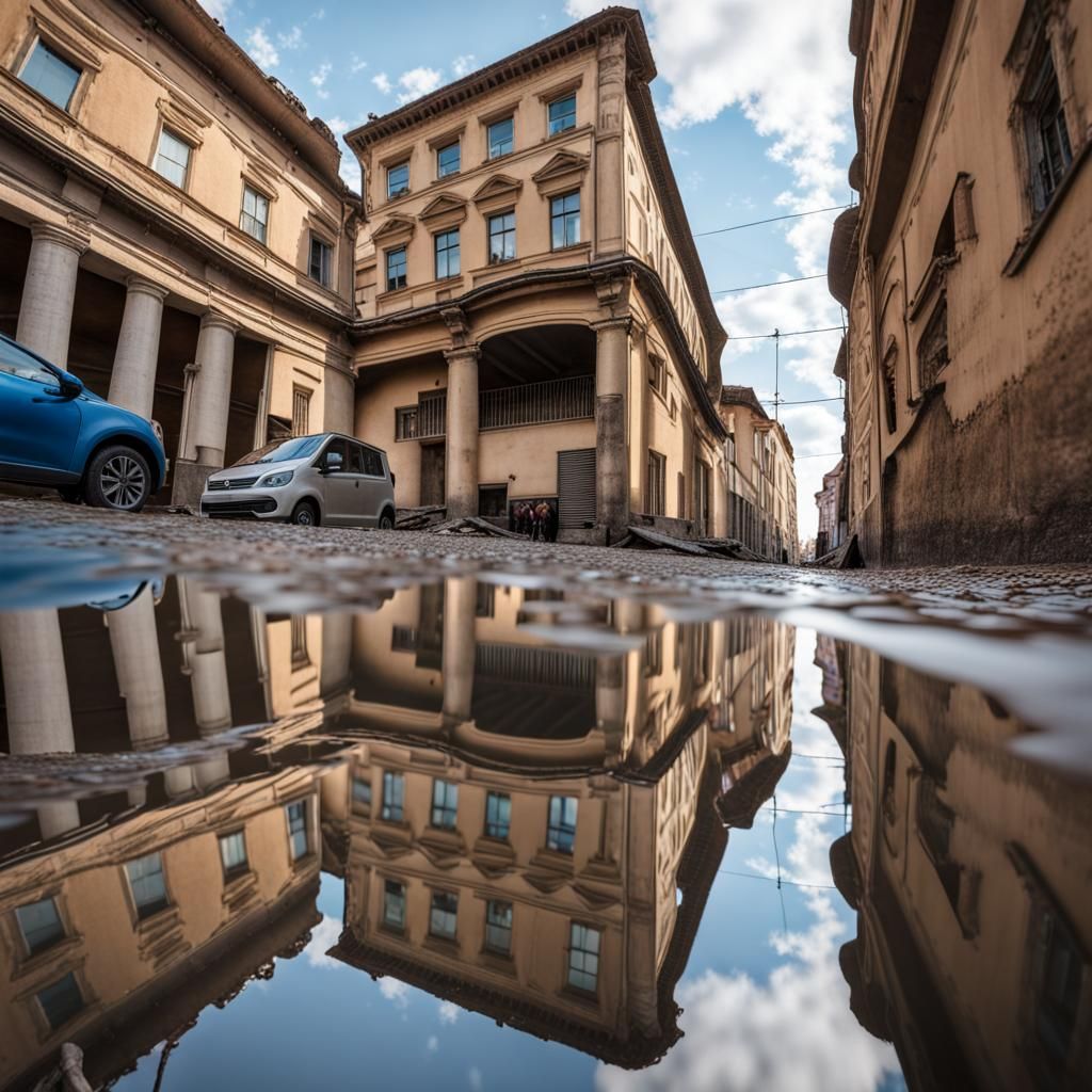 a reflection of a building in a puddle of water, market in a...