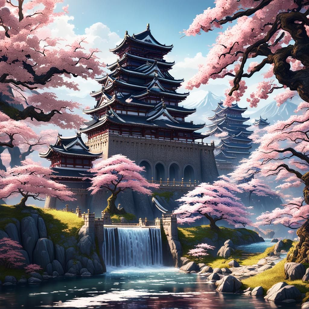 .Japanese castle on a sunny day surrounded by cherry blossom...