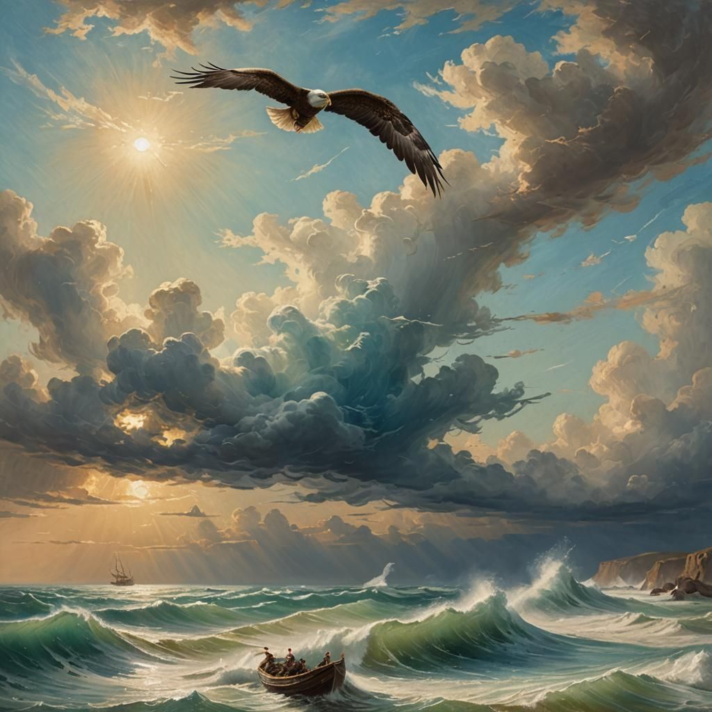 An eagle is flying beyond the clouds on a brown fishing boat...