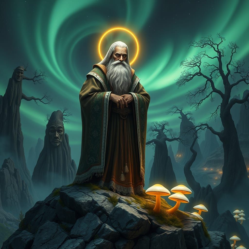Ancient Sage Amidst Ethereal Landscape