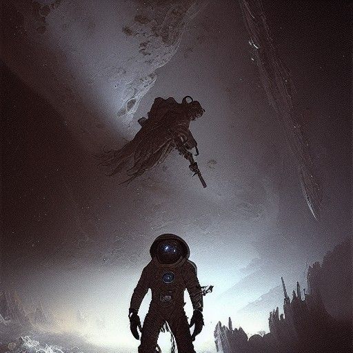 grim reaper astronaut in space horror Gustave Doré Greg Rutk...