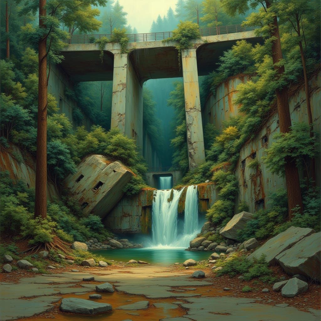 <lora:Brutalist Wilderness:1.0> Oil painting of a decaying concrete viaduct strangled by jungle vines in the style of Zdzisław Beksiński an...