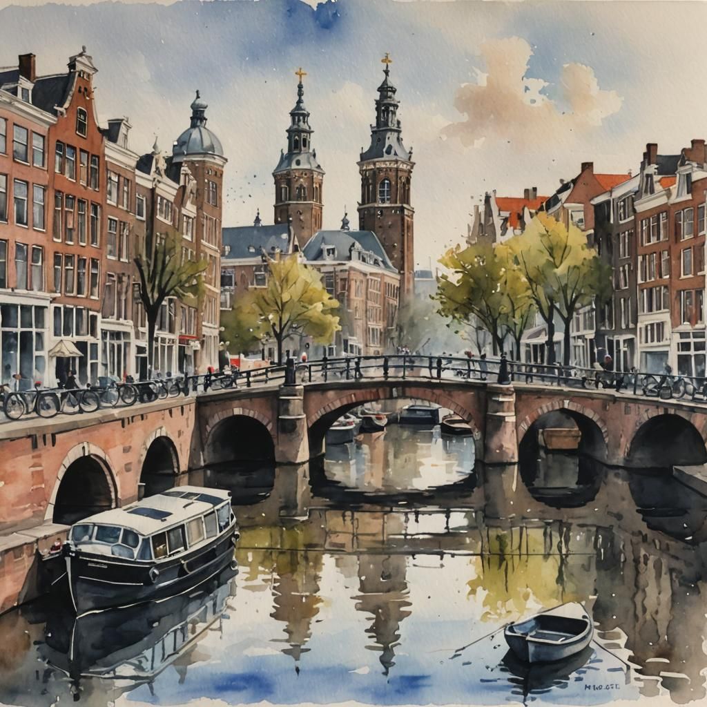 Watercolor, Amsterdam, magere brug, canal,   by @Terra