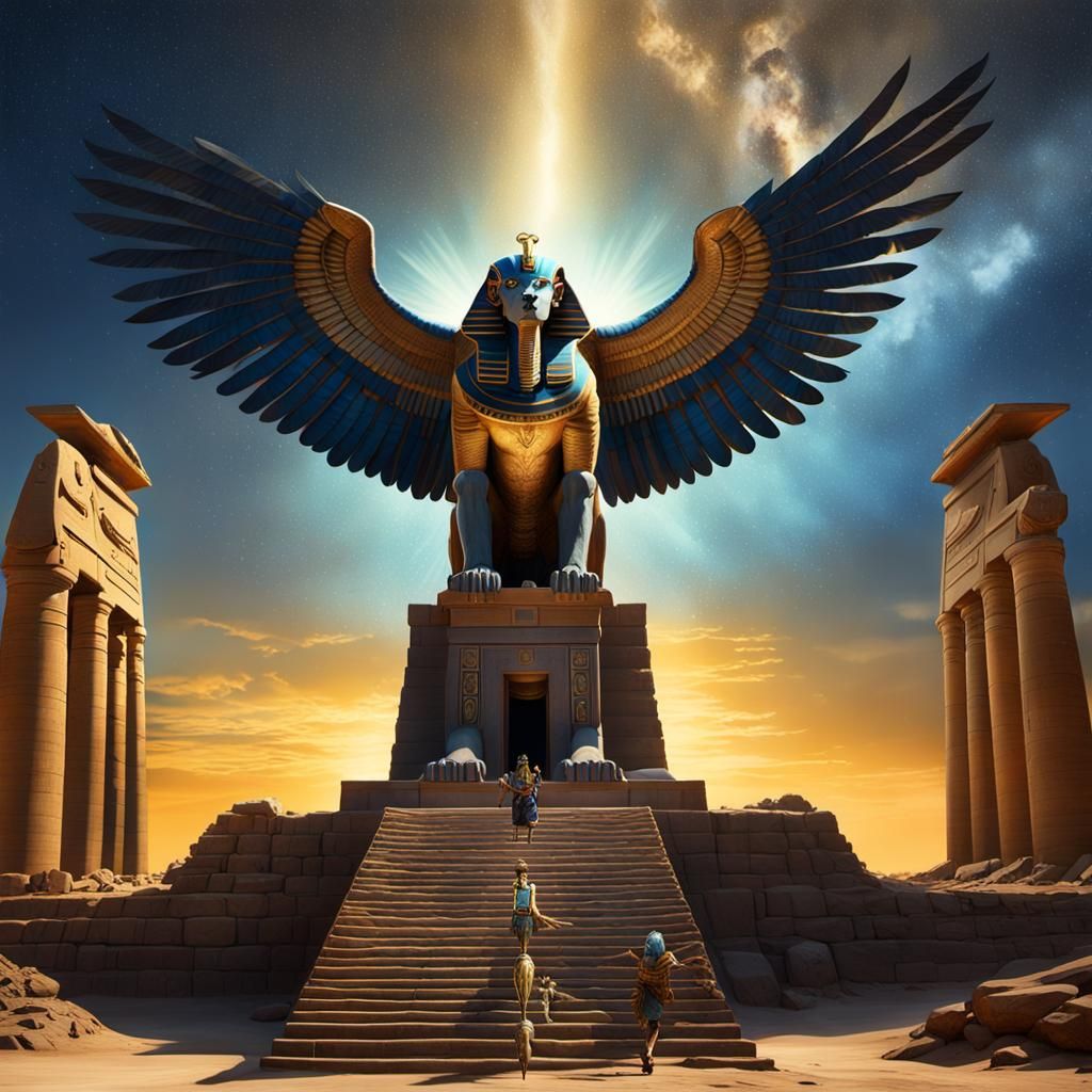Egyptian God Soaring on Griffin, Fantasy Landscape