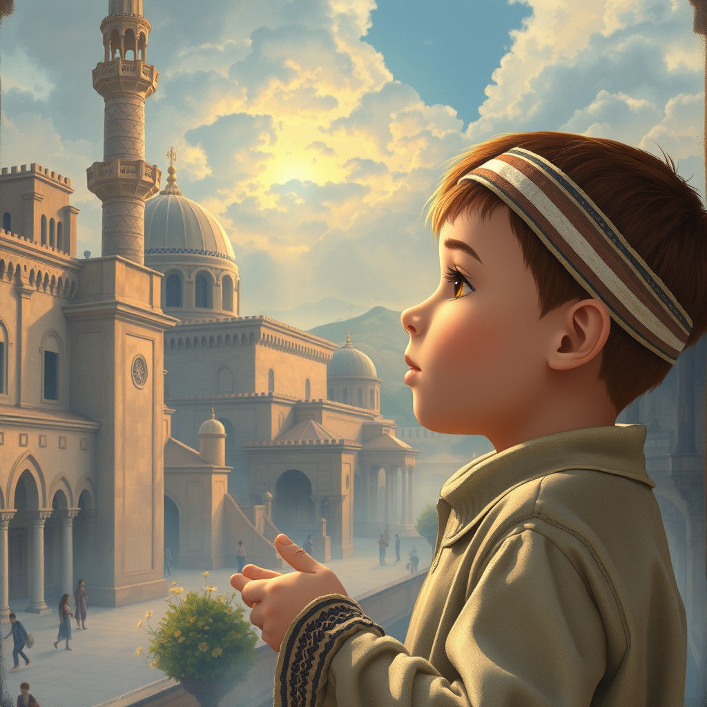 Boy Praying in Ancient City: Klimt, Chagall, Miyazaki Style