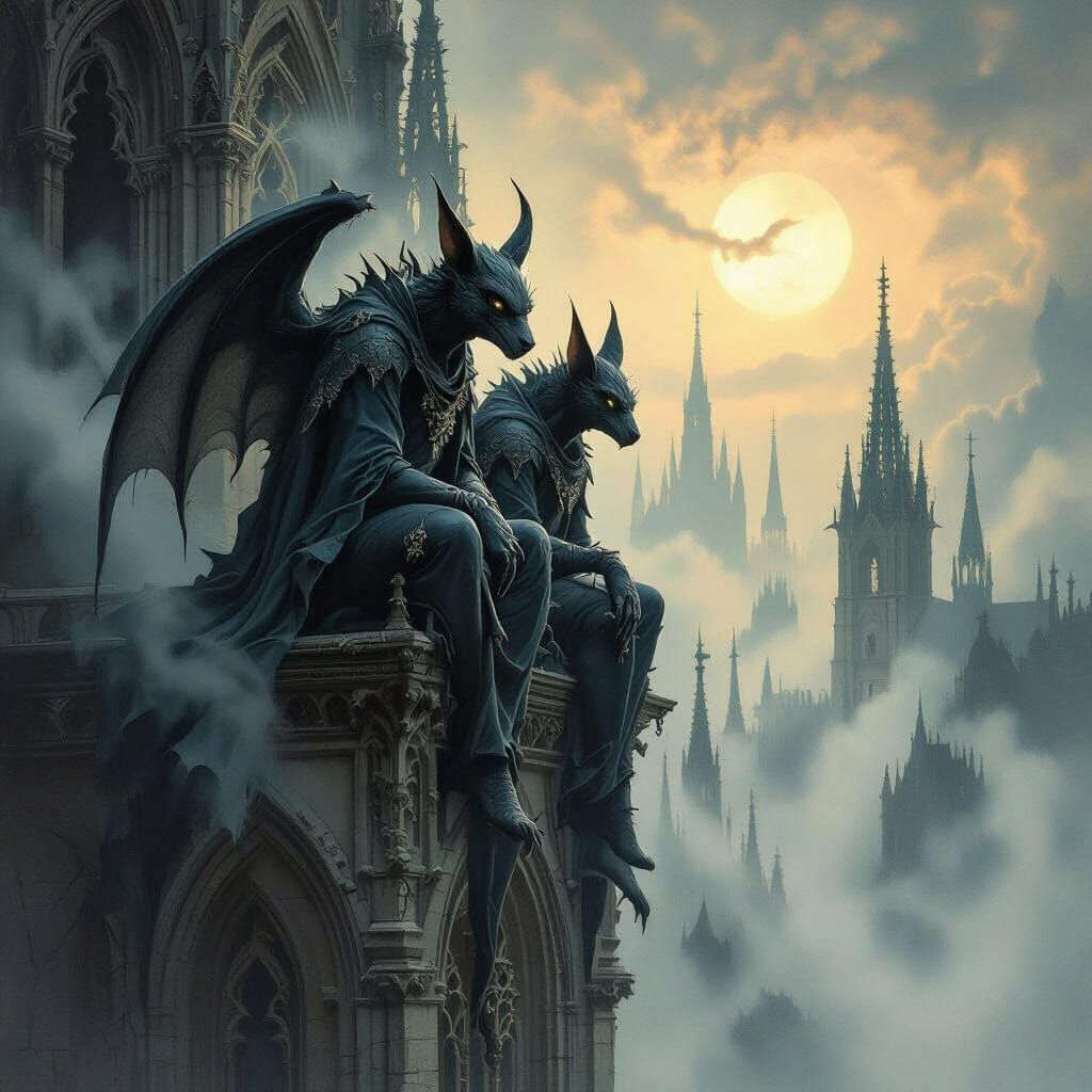 a row of gargoyles on top of a gothic cathederal painted by Hieronymus Bosch