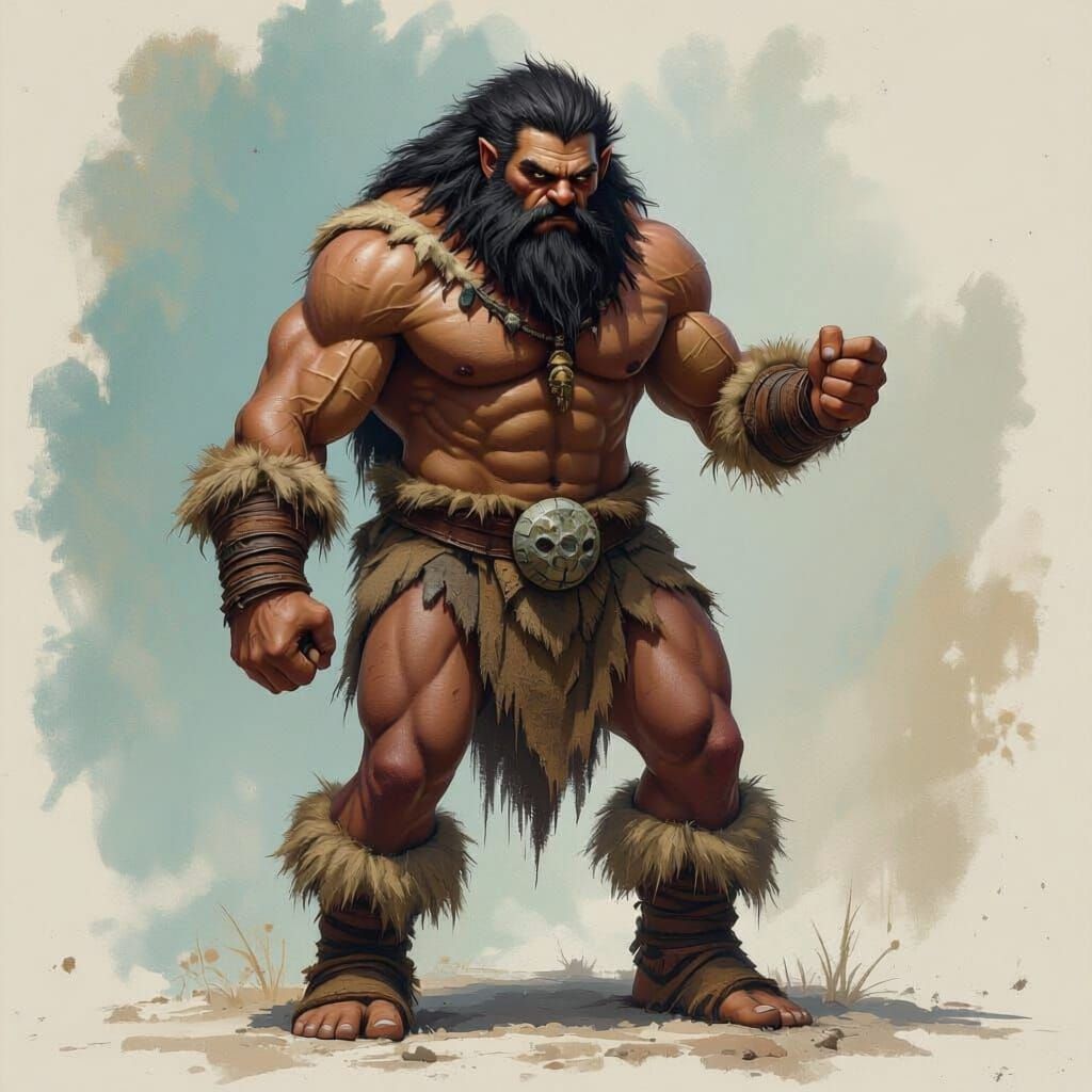 muscula caveman  with animal skin footwear, holding a spear with a stone tip on a white background