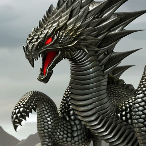Humanoid giant dragon with scales of reflective metal