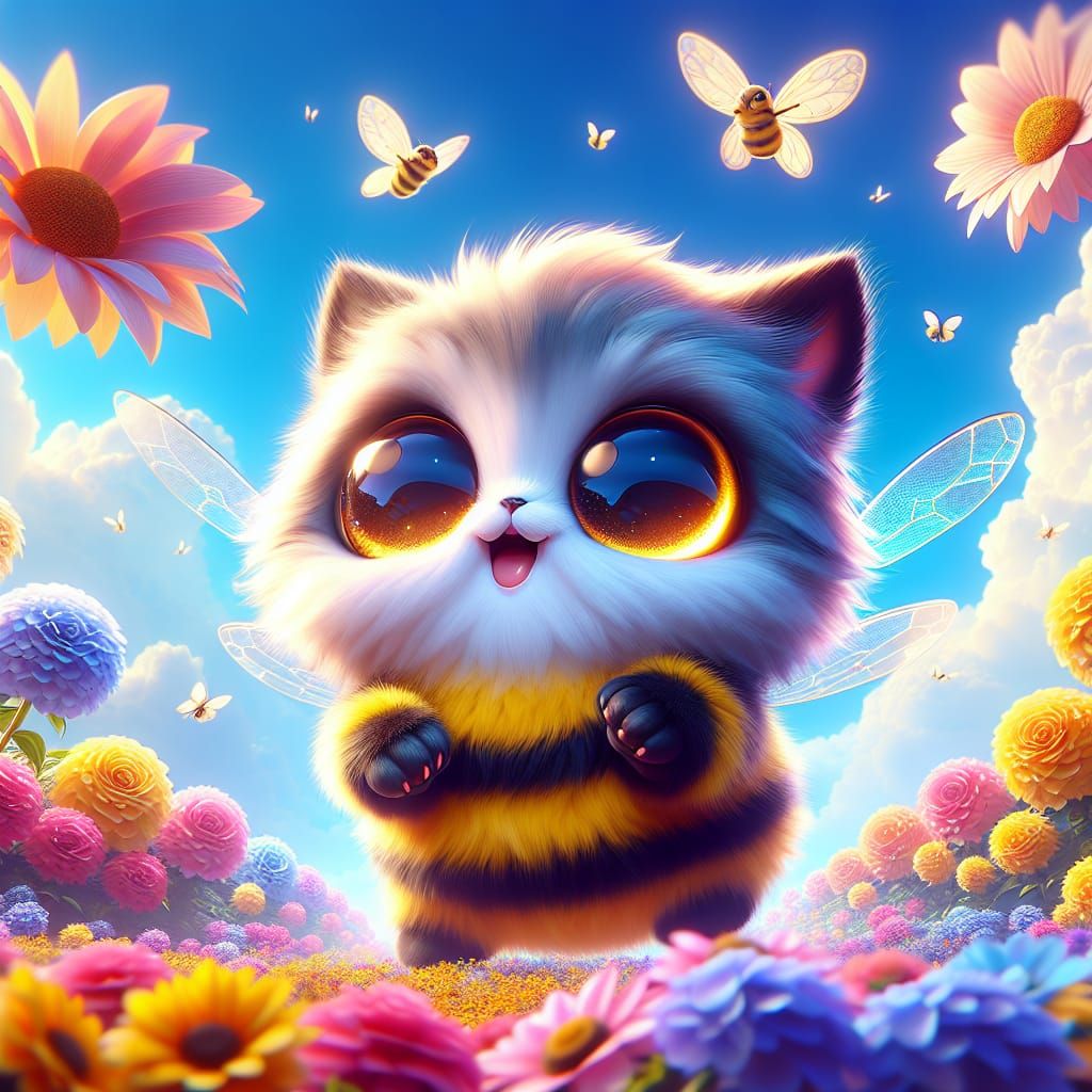 Imagine an adorable fluffy chibi bumblebee kitten with huge amber cat ...