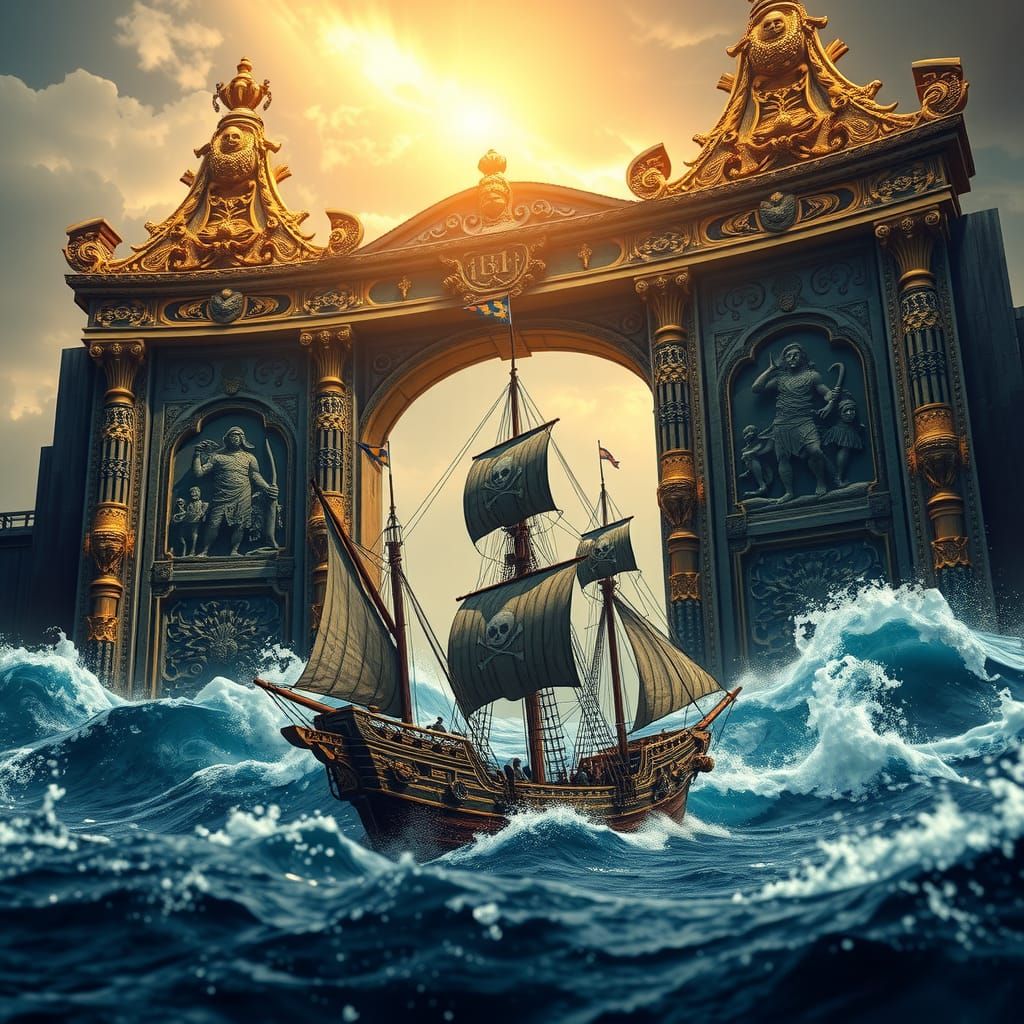 An old style pirate ship dwarfed passing through the huge Ga...