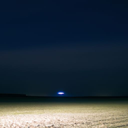 photograph of UFO above a large field at night, wide-angle