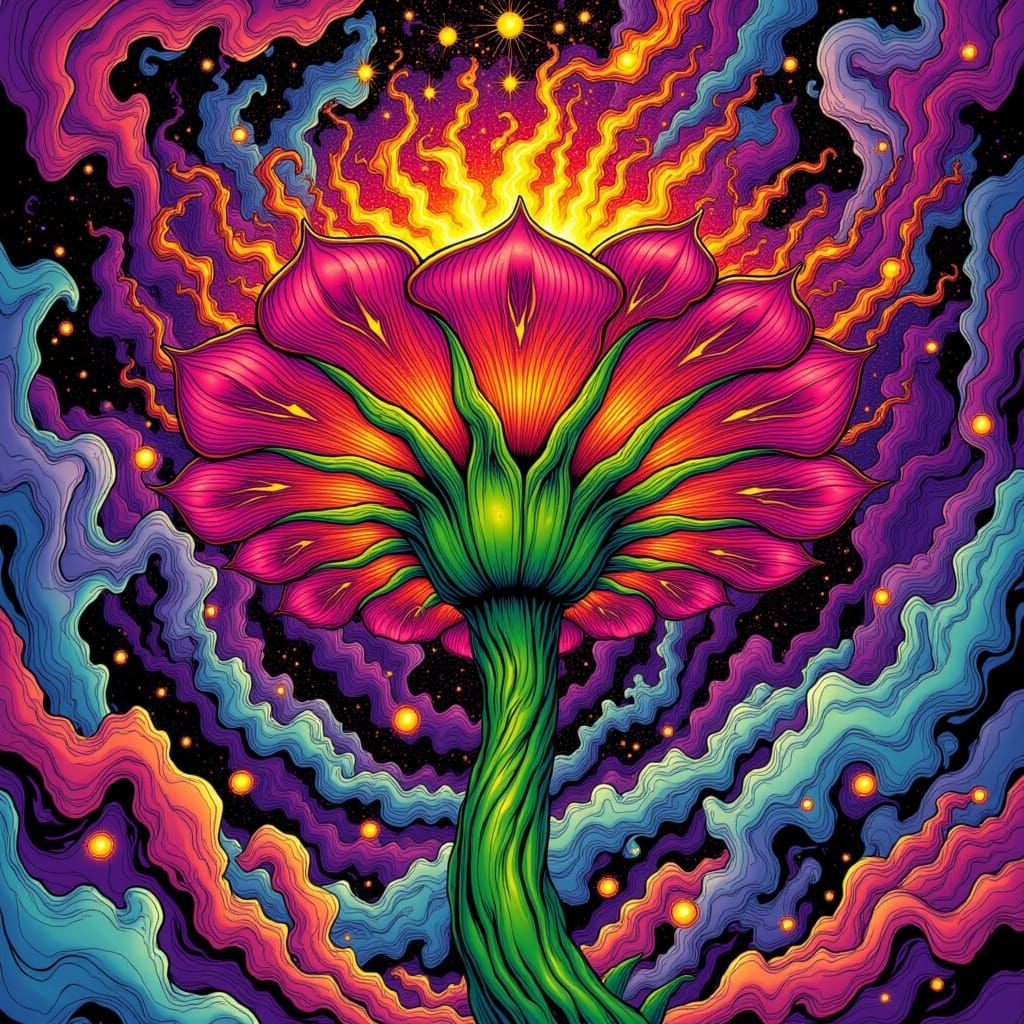 in a maelstrom of swirling colors and dynamic lines, an awe-inspiring Flower blooms, her green stem and magenta petals a mesmerizing mosaic ...