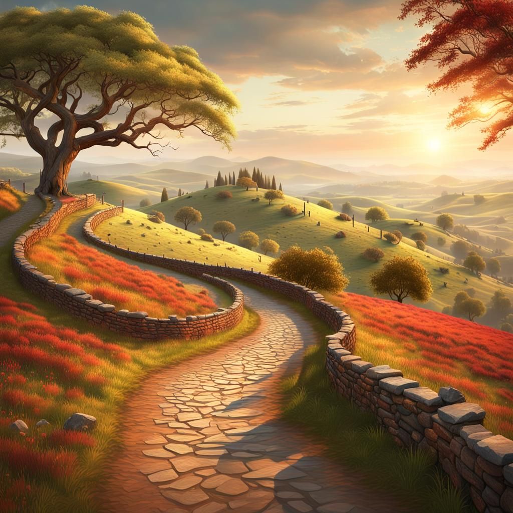 Sunset Hillside: A Realistic Digital Landscape Painting