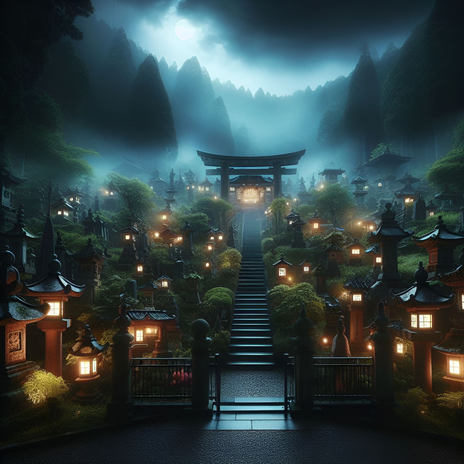 Japanese Graveyard at Night