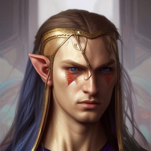 High elf. Warrior. Close up. High detail. Vivid blue eyes. Long golden ...